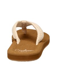 Beige slippers met een gevlochten band en een gevoerde zool. De buitenzool is bruin en heeft een gestructureerd oppervlak voor grip.