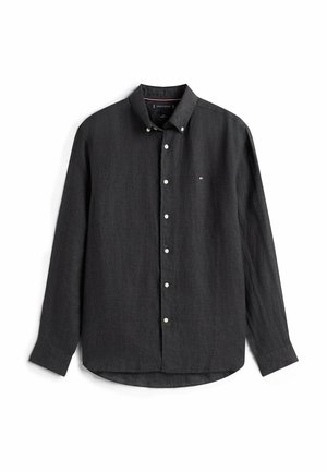 Dunkelgraues langärmliges Leinenhemd mit weißen Knöpfen und kleinem gesticktem Logo auf der linken Brust.