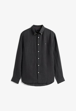 Mørkegrå langærmet linned skjorte med hvide knapper og lille broderet logo på venstre bryst.