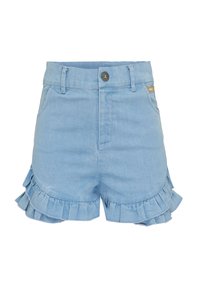 Ljusblå denimshorts med hög midja och volangkant. Har två framfickor och metallknäppning. Slät textur.