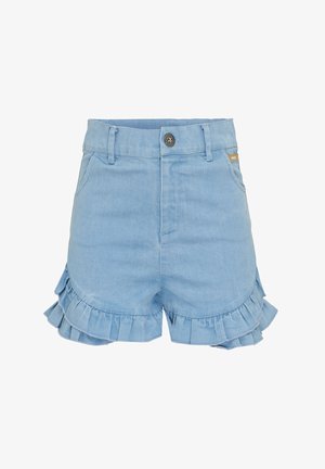 Pantalones cortos de mezclilla azul claros con cintura alta y dobladillo con volantes. Cuenta con dos bolsillos frontales y cierre de botón metálico. Textura suave.