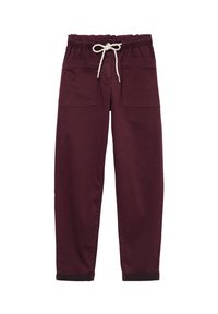 Pantaloni bordeaux a sigaretta con vita elasticizzata, tasche frontali a pattina, cordino bianco e polsini alle caviglie.