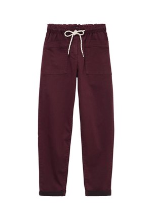 Burgunderfarbene, taillierte Hose mit elastischem Bund, vorderen aufgesetzten Taschen, weißer Kordel und Bündchen an den Knöcheln.