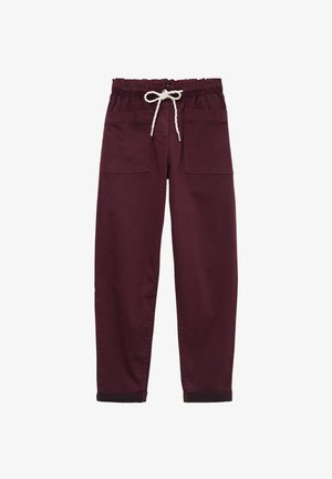 Bordeaux tapered broek met elastische tailleband, voorzakken, witte trekkoord en cuffs bij de enkels.