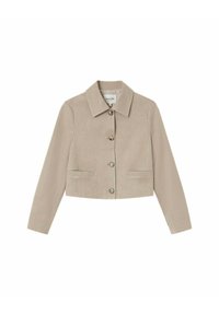 Giacca beige corta con maniche lunghe, quattro bottoni frontali, colletto a punta e due tasche a fessura all'altezza della vita.