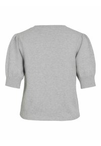 Pull en maille gris clair avec manches courtes bouffantes et poignets côtelés, vu de dos sur fond blanc.