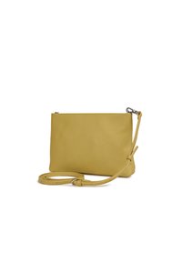 Borsa a tracolla gialla in pelle con texture liscia, forma rettangolare e tracolla staccabile. Presenta una chiusura a cerniera nella parte superiore.