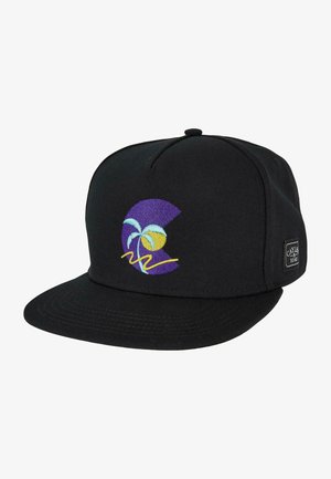 Czarny snapback z bawełny, z kolorową haftowaną grafiką palm i słońca z przodu, z płaskim daszkiem.