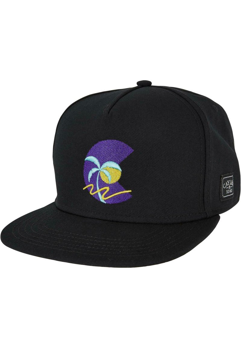 Crna snapback kapa izrađena od pamuka, s šarenim izvezenim grafičkim motivom palmi i sunca sprijeda, s ravnim vizir.