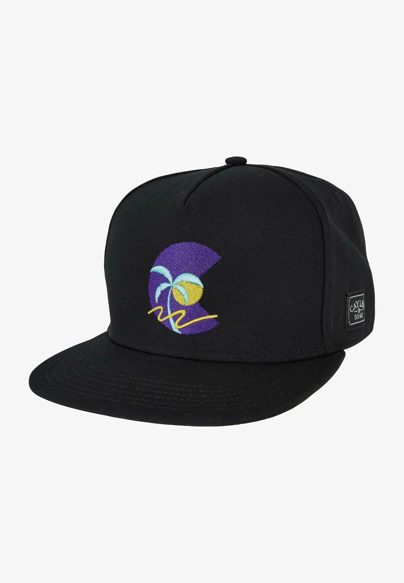 Crna snapback kapa izrađena od pamuka, s šarenim izvezenim grafičkim motivom palmi i sunca sprijeda, s ravnim vizir.