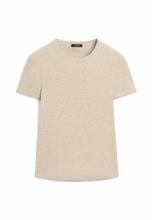 Beige T-shirt med korte ærmer og rund hals, lavet af blødt stof, lagt fladt på en hvid baggrund.