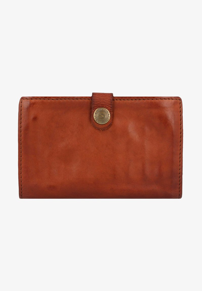 Portafoglio in pelle marrone con una superficie liscia, chiusura a pulsante e cuciture visibili lungo i bordi. Forma rettangolare compatta.