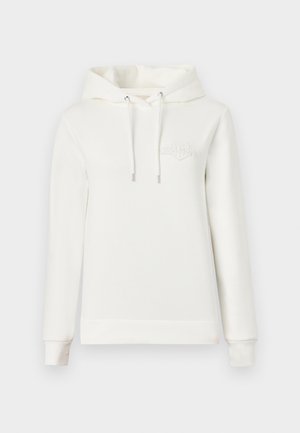 Witte hoodie met een capuchon, lange mouwen en een voorkantzak. Heeft een reliëflogo op de borst en verstelbare koordjes. Zachte textuur.