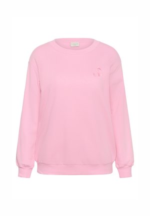 Rózsaszín hosszú ujjú, kerek nyakú pulóver kis, hímzett cseresznye motívummal a bal felső mellrészen.