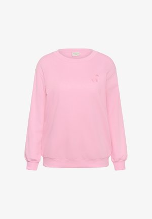 Roosa pika varrukaga ümar-kaelusega pusa, millel on ülemise vasaku rinna piirkonnas väike tikandiga kirsi muster.