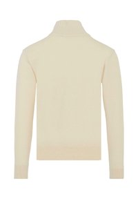Maglione a maglia color crema con colletto alto, maniche lunghe e polsini e orlo a coste, dal tessuto morbido e liscio.