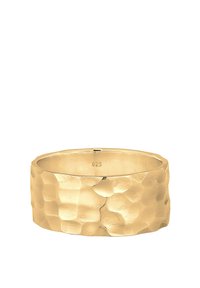 Hammered gold-colored metal ring, featuring a textured surface with hexagonal patterns, marked with "925" on the inner band.