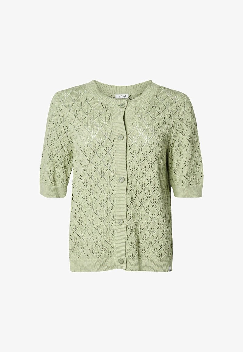Gaiši zaļš īsās piedurknes kardigans ar dimanta režģveida adījumu, ribotu apkakli un pieciem atbilstošiem pogām priekšā.