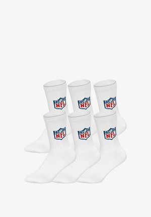 White knee-length socks in a ribbed texture featuring a red and blue NFL logo on each sock. Six pairs displayed together.