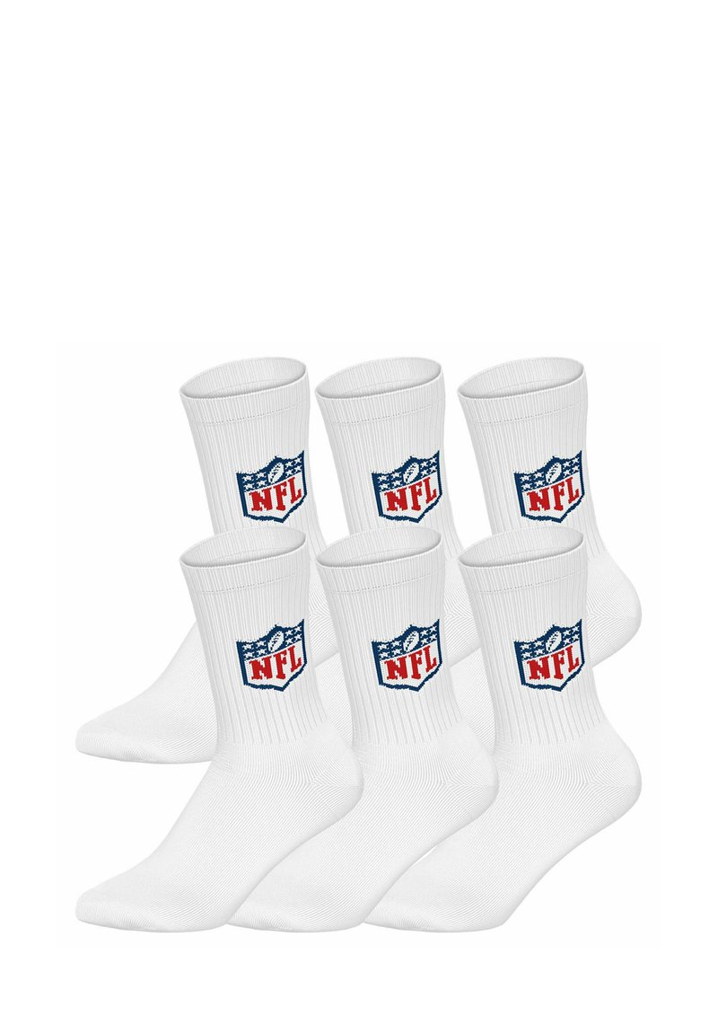 Weiße knielange Socken mit Rippstruktur und einem roten und blauen NFL-Logo auf jedem Socken. Sechs Paare zusammen dargestellt.