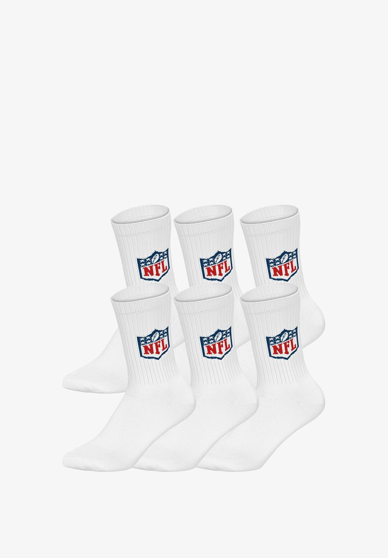 Weiße knielange Socken mit Rippstruktur und einem roten und blauen NFL-Logo auf jedem Socken. Sechs Paare zusammen dargestellt.