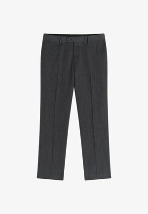 Harmaat dress-housut, jotka on valmistettu sileästä kankaasta, tasaisella edellä, kahdella sivutaskulla ja nappikiinnityksellä.