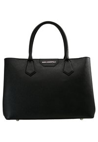 Czarna torba tote wykonana z teksturowanego materiału syntetycznego, z dwoma solidnymi uchwytami i akcentem logo na górze. Płaska podstawa z metalowymi nóżkami.