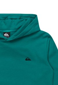Sudadera verde azulado con capucha ajustable, logo negro en el pecho y material de algodón suave. Textura lisa con un diseño sólido.