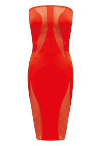 Ärmelloses Bodycon-Kleid in leuchtendem Rot, mit transparenten Seitenpartien, einer figurbetonten Silhouette und einer knielangen Saumlänge. Glatte Textur.