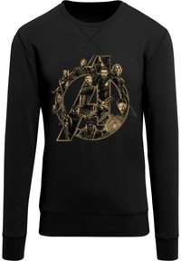 Juodas džemperis su aukso Avengers logotipu ir įvairių personažų atvaizdais, su klasikinio stiliaus apykakle ir banguotomis rankovėmis.