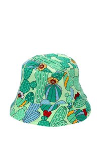 Cappello a secchiello in tessuto con un motivo di cactus verdi e fiori. Il design include varie forme di cactus e colori vivaci.