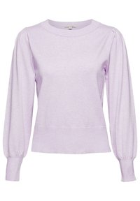 Blouse légère mauve à manches longues avec épaules bouffantes, poignets ajustés et encolure ronde.
