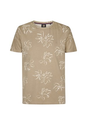 Beżowy bawełniany T-shirt z krótkim rękawem, zdobiony białymi konturami kwiatów w powtarzającym się wzorze na materiale. Okrągły dekolt.