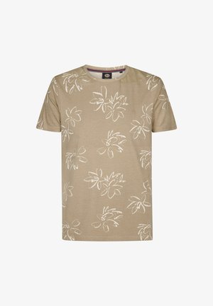 Beige short-sleeve T-shirt made of cotton, featuring white floral outlines in a repeated pattern across the fabric. Round neckline.
