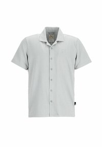 Chemise à manches courtes à boutons avec des rayures vert clair et blanches. Elle possède un col, des boutons sur le devant et un petit logo sur la poitrine. Tissu doux.