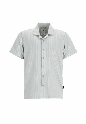 Camicia a maniche corte con bottoni in righe verde chiaro e bianche. Presenta un colletto, bottoni frontali e un piccolo logo sul petto. Tessuto morbido.
