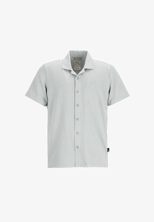 Kortærmet skjorte med knapper i lys grøn og hvide striber. Har krave, frontknapper og et lille logo på brystet. Blødt stof.