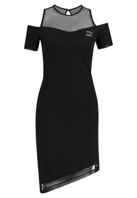 Robe noire avec un design à bardage en maille aux épaules dénudées, ourlet asymétrique et un logo subtil à l'avant. Texture lisse et coupe ajustée.