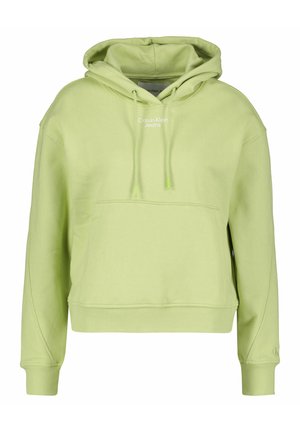 Sudadera corta de color verde lima, con un bolsillo frontal, capucha con cordón y el logotipo blanco de "Calvin Klein Jeans" en el pecho. Material de algodón suave.