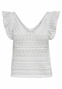 Top blanco de punto con escote en V y mangas cortas con volantes. Presenta patrones texturizados y un diseño de tejido abierto. Ligero y transpirable.