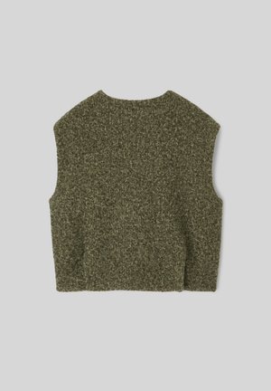 Pull en tricot sans manches vert olive avec une finition texturée, des emmanchures larges et un col rond. Design simple et sans embellissement.