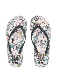 Des tongs avec un motif floral dans des couleurs pastel sur la semelle, avec des lanières en caoutchouc noir et un détail logo à la base.
