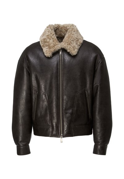 Dark brown leather jacket with beige shearling collar, front zipper closure, and zippered side pockets, displayed on white background.