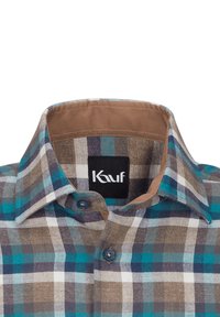 Kariertes Hemd in Teal-, Braun- und Weißtönen. Hergestellt aus weichem Stoff mit klassischem Kragen, Knopfschluss und Logoetikett innen.