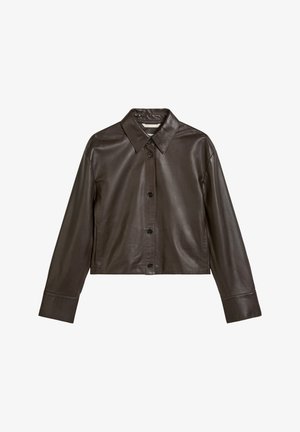 Bruine leren cropped jack met een puntige kraag, knoopsluiting en lange mouwen. Gladde textuur met een minimalistisch ontwerp.