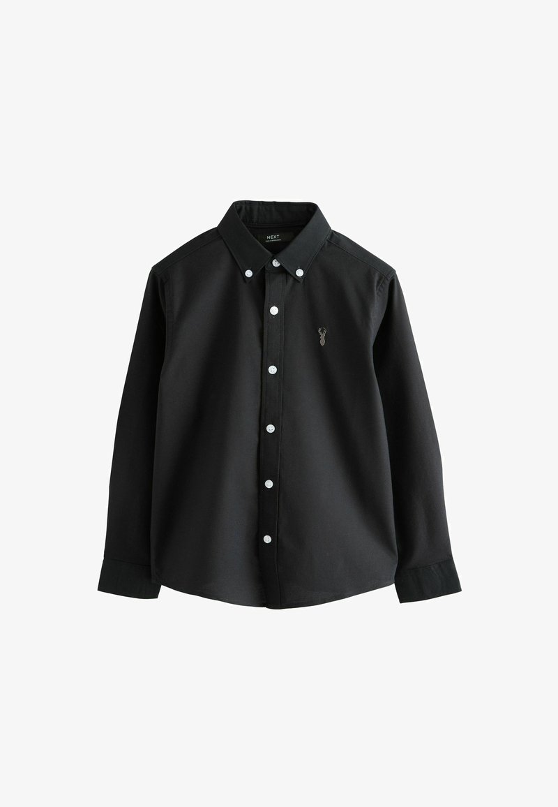 Camicia nera a maniche lunghe con bottoni bianchi e piccolo logo ricamato sul petto sinistro, colletto con bottone.