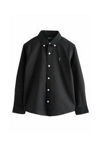 Camicia nera a maniche lunghe con bottoni, realizzata in cotone, caratterizzata da un colletto strutturato, bottoni bianchi e un piccolo logo ricamato sul petto.