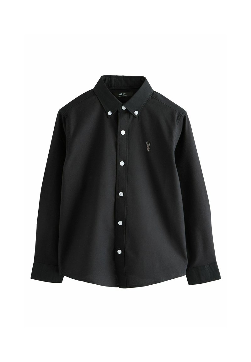 Camicia nera a maniche lunghe con bottoni, realizzata in cotone, caratterizzata da un colletto strutturato, bottoni bianchi e un piccolo logo ricamato sul petto.
