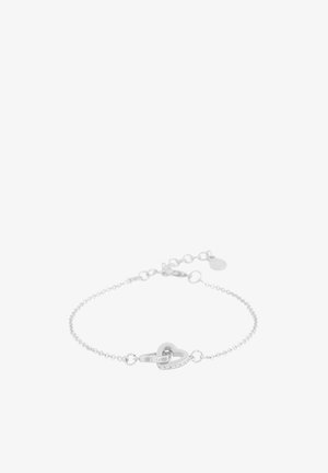 Silberarmband mit einer zarten Kette, mit einem herzförmigen Glied in der Mitte. Glatte Textur und verstellbarer Verschluss mit kleinem Charm.