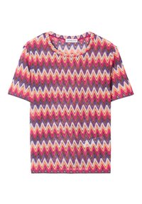 T-shirt à manches courtes avec un col rond, arborant un motif en zigzag rose, violet, orange et blanc. Fabriqué à partir d'un mélange de tissus doux.